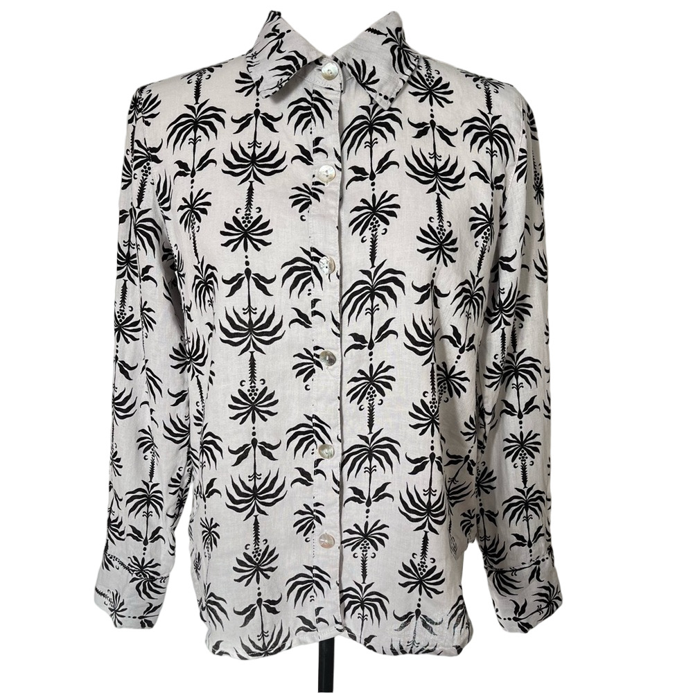 Nicole Miller 100% Linen Black and White Print Long Sleeve Button Down Small